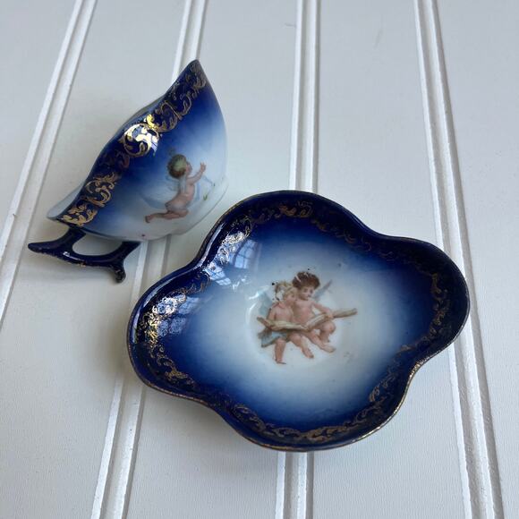 Antique Carlsbad Austria Porcelain Teacup Saucer Set Cobalt Blue Cherub 1800's - Picture 1 of 16